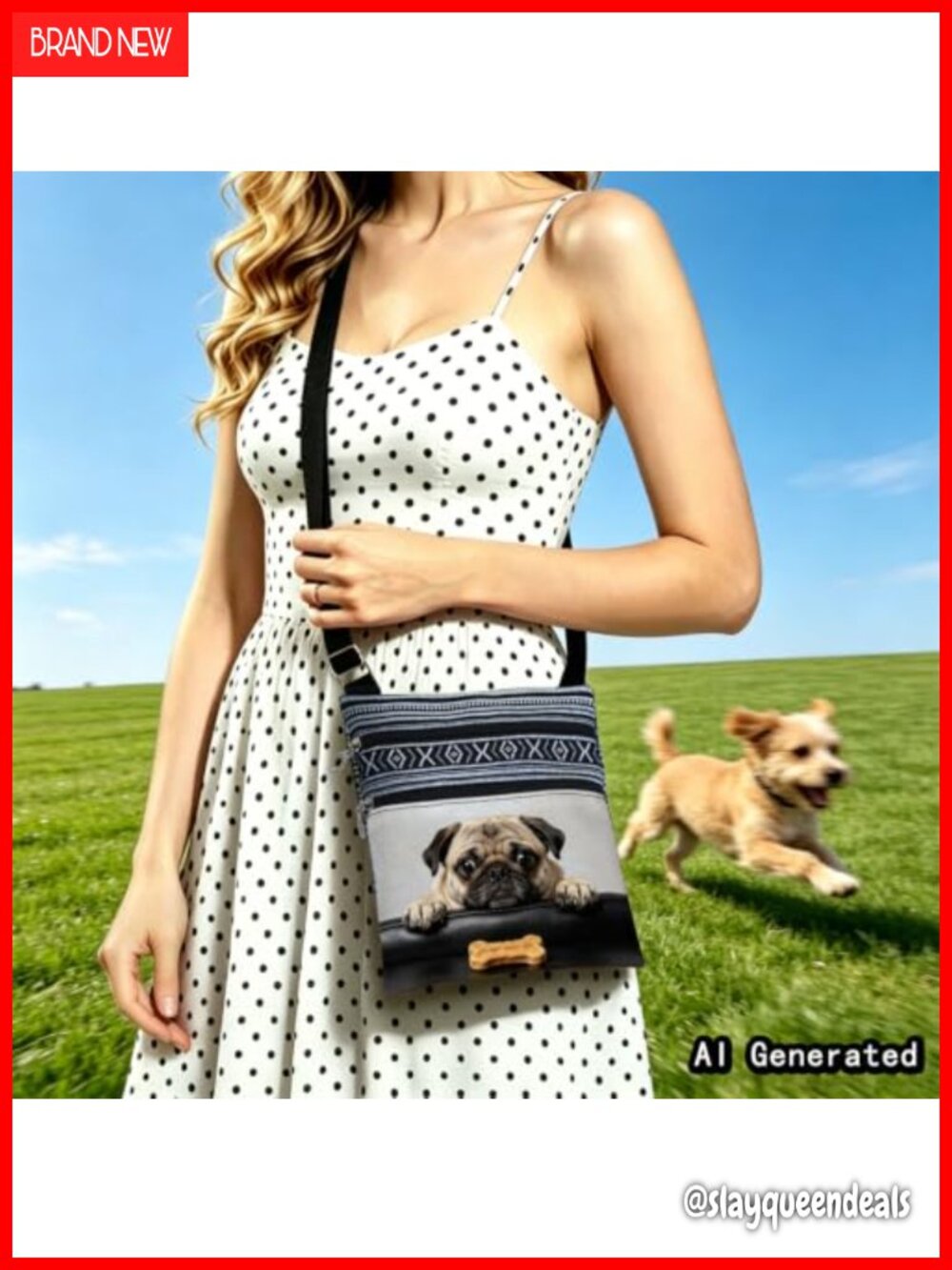 Pug Print Crossbody Bag Boho Polyester Adjustable Strap Multi Zip Purse Small - Picture 6 of 6